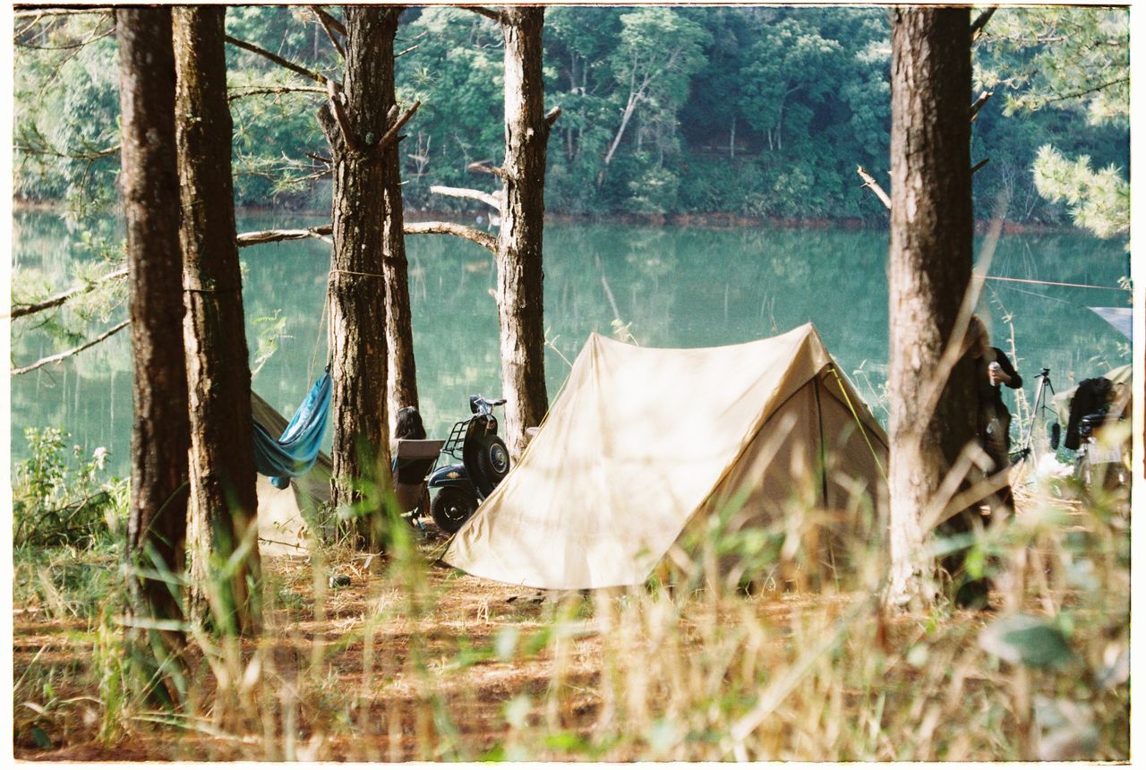 Tranquil camping scene with a tent and hammock in a forest near a lake.
